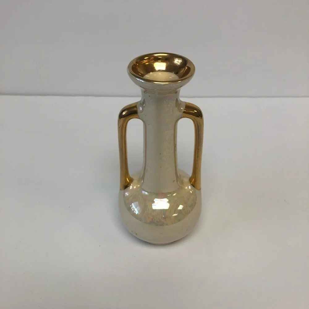 Vintage Pearl China Co. 22 KT Gold Hand Decorated Double Handled Iridescent Vase